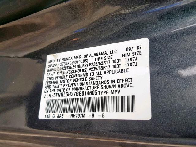 5FNRL5H27GB014605 - 2016 HONDA ODYSSEY LX GRAY photo 10