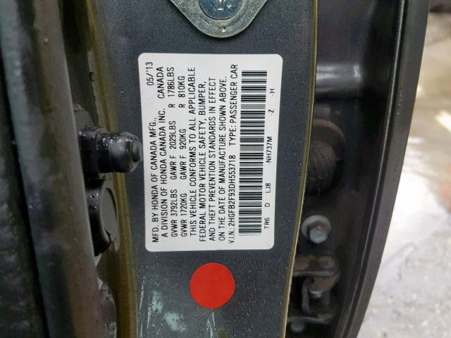 2HGFB2F93DH553718 - 2013 HONDA CIVIC EXL GRAY photo 10