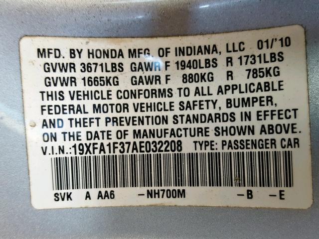 19XFA1F37AE032208 - 2010 HONDA CIVIC VP SILVER photo 10