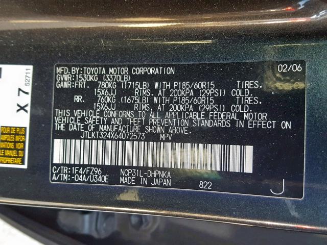 JTLKT324X64072573 - 2006 TOYOTA SCION XB 黑色 照片 10