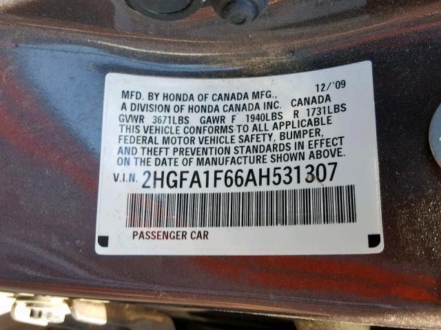 2HGFA1F66AH531307 - 2010 HONDA CIVIC LX-S Boz foto 10