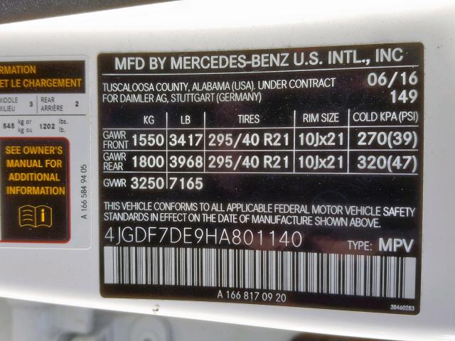 4JGDF7DE9HA801140 - 2017 MERCEDES-BENZ GLS 550 4M WHITE photo 10