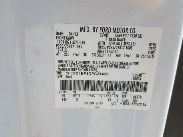 1FTFX1EF1DFC21425 - 2013 FORD F150 SUPER WHITE photo 10