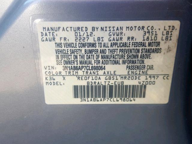 3N1AB6AP7CL698064 - 2012 NISSAN SENTRA 2.0 GRAY photo 10