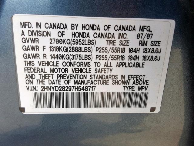 2HNYD28297H548717 - 2007 ACURA MDX BLUE photo 10