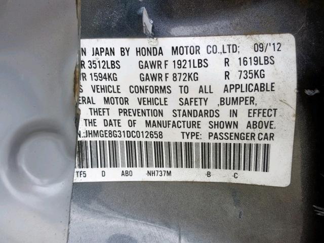 JHMGE8G31DC012658 - 2013 HONDA FIT CHARCOAL photo 10