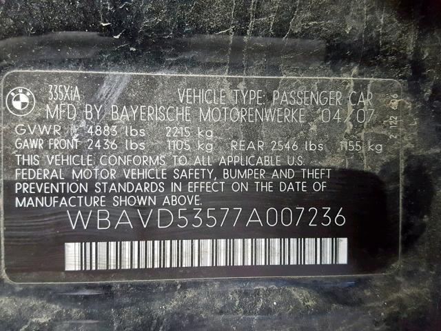 WBAVD53577A007236 - 2007 BMW 335 XI BLACK photo 10