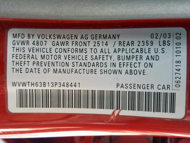 WVWTH63B13P348441 - 2003 VOLKSWAGEN PASSAT GLX 栗色 照片 10