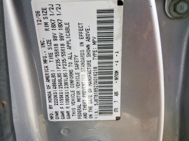 5J8TB18527A016218 - 2007 ACURA RDX TECHNO SILVER photo 10