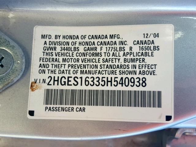 2HGES16335H540938 - 2005 HONDA CIVIC DX V SILVER photo 10