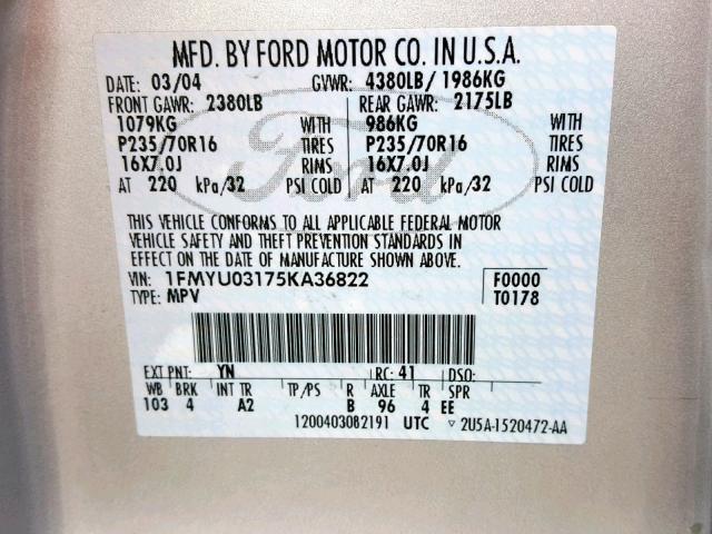 1FMYU03175KA36822 - 2005 FORD ESCAPE XLT SILVER photo 10