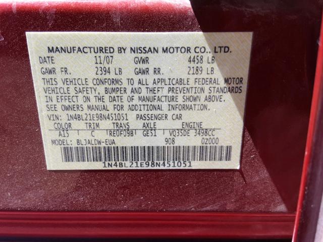 1N4BL21E98N451051 - 2008 NISSAN ALTIMA 3.5 RED photo 10