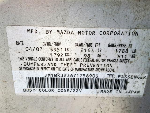 JM1BK323671756903 - 2007 MAZDA 3 S SILVER photo 10