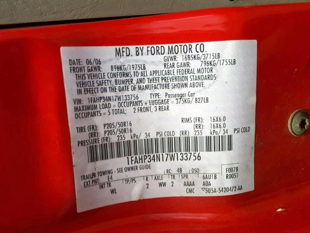 1FAHP34N17W133756 - 2007 FORD FOCUS ZX4 RED photo 10