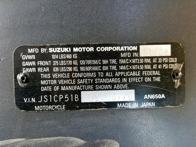 JS1CP51B892100770 - 2009 SUZUKI AN650 A BLACK photo 10