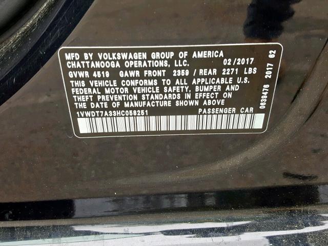 1VWDT7A33HC058251 - 2017 VOLKSWAGEN PASSAT R-L BLACK photo 10