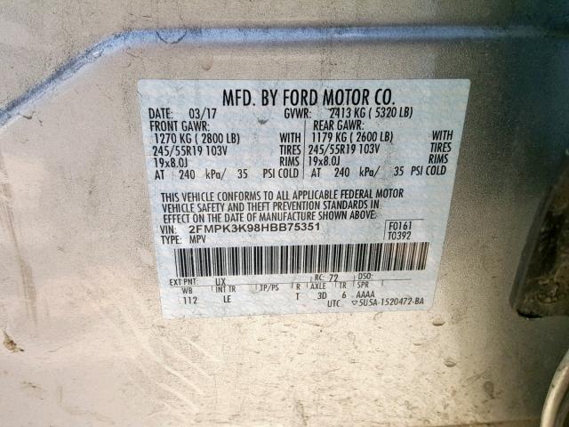 2FMPK3K98HBB75351 - 2017 FORD EDGE TITAN SILVER photo 10