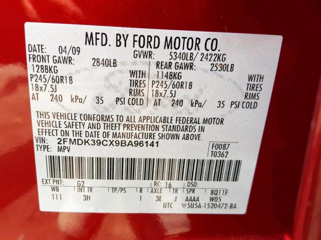 2FMDK39CX9BA96141 - 2009 FORD EDGE LIMIT RED photo 10