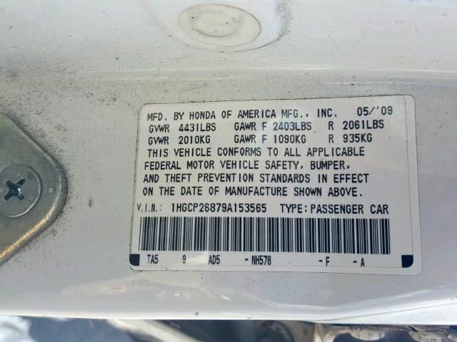 1HGCP26879A153565 - 2009 HONDA ACCORD EXL WHITE photo 10