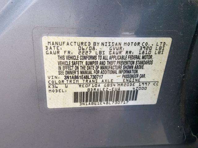 3N1AB61E48L730717 - 2008 NISSAN SENTRA 2.0 CHARCOAL photo 10