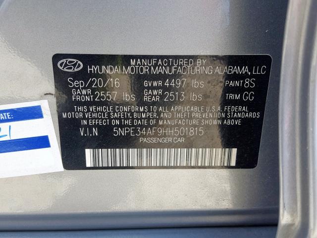 5NPE34AF9HH501815 - 2017 HYUNDAI SONATA SPO SILVER photo 10