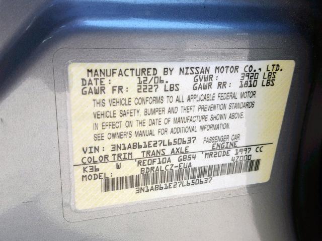 3N1AB61E27L650637 - 2007 NISSAN SENTRA 2.0 GRAY photo 10