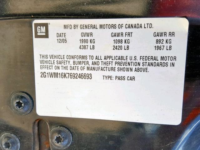 2G1WM16K769246693 - 2006 CHEVROLET MONTE CARL 黑色 照片 10