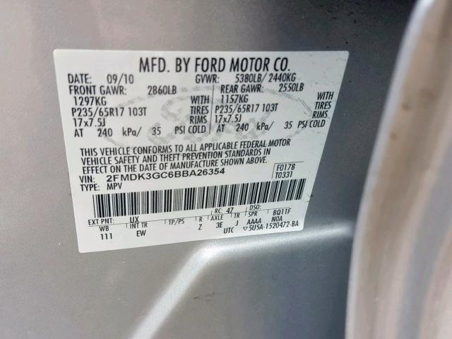 2FMDK3GC6BBA26354 - 2011 FORD EDGE SE SILVER photo 10