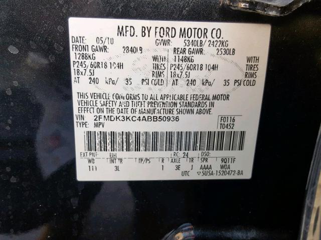 2FMDK3KC4ABB50936 - 2010 FORD EDGE LIMIT BLACK photo 10