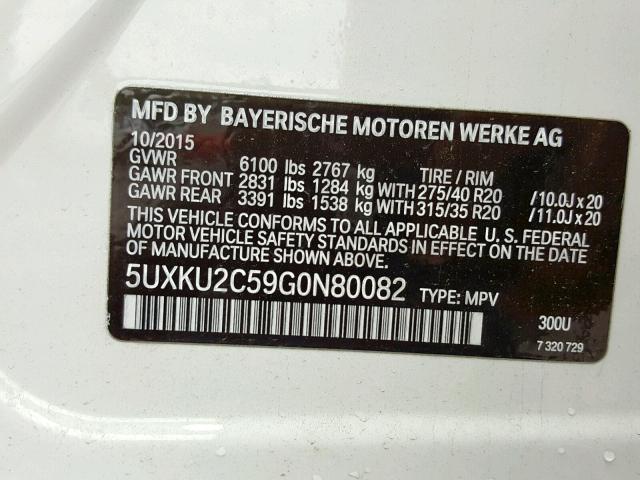 5UXKU2C59G0N80082 - 2016 BMW X6 XDRIVE3 WHITE photo 10