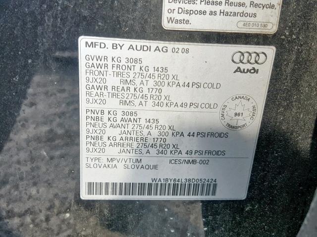 WA1BY64L38D052424 - 2008 AUDI Q7 3.6 QUA BLACK photo 10