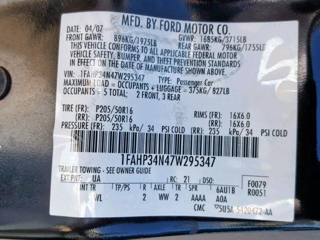 1FAHP34N47W295347 - 2007 FORD FOCUS ZX4 BLACK photo 10