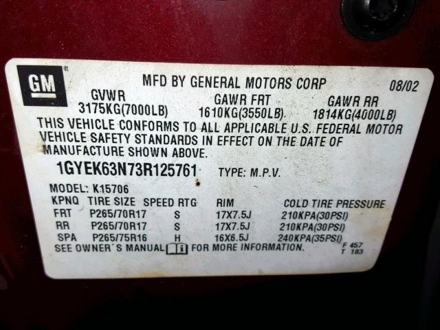 1GYEK63N73R125761 - 2003 CADILLAC ESCALADE L RED photo 10