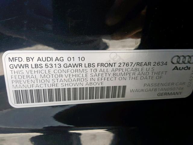 WAUKGAFB1AN050748 - 2010 AUDI A6 PRESTIG BLACK photo 10