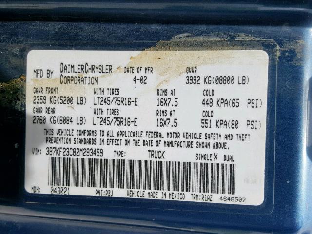 3B7KF23C82M293459 - 2002 DODGE RAM 2500 BLUE photo 10