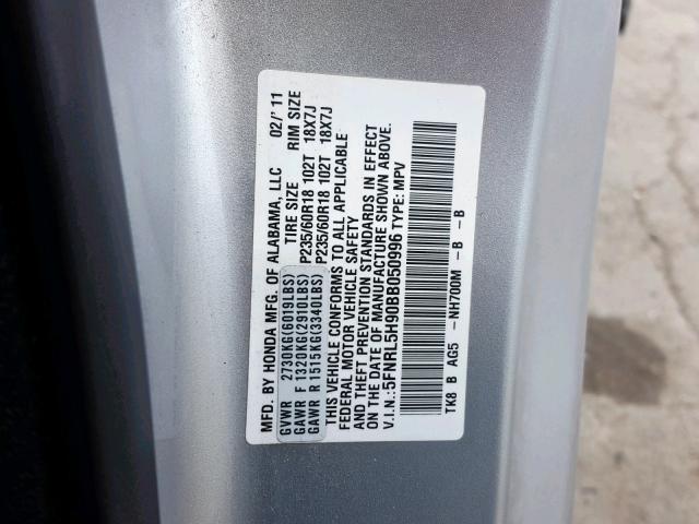 5FNRL5H90BB050996 - 2011 HONDA ODYSSEY TO SILVER photo 10