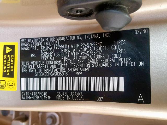 5TDBK3EH6AS035918 - 2010 TOYOTA HIGHLANDER GOLD photo 10