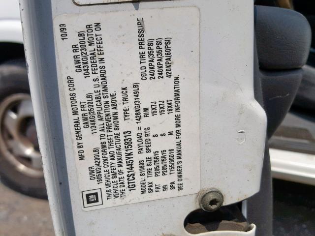 1GTCS1445YK158313 - 2000 GMC SONOMA WHITE photo 10