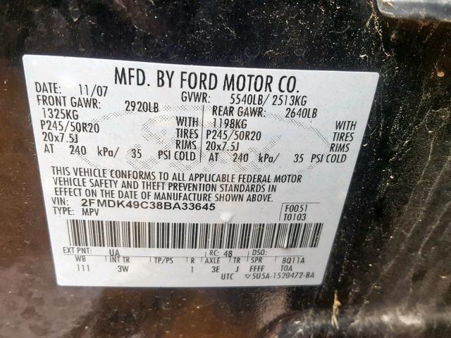 2FMDK49C38BA33645 - 2008 FORD EDGE LIMIT BLACK photo 10