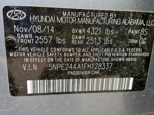 5NPE24AA1FH128337 - 2015 HYUNDAI SONATA ECO SILVER photo 10