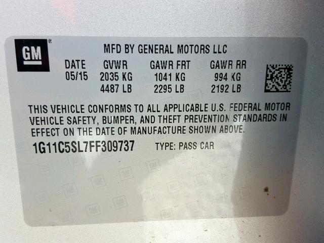 1G11C5SL7FF309737 - 2015 CHEVROLET MALIBU 1LT 银色 照片 10