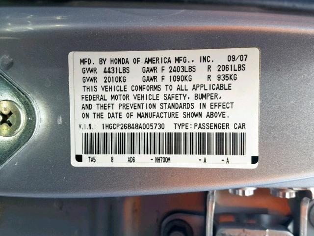 1HGCP26848A005730 - 2008 HONDA ACCORD EXL SILVER photo 10