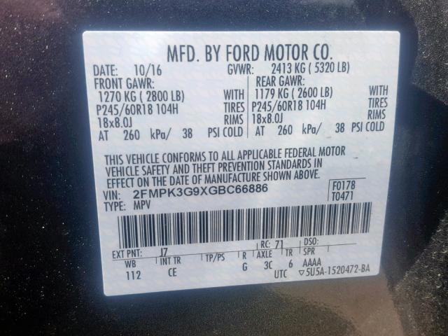 2FMPK3G9XGBC66886 - 2016 FORD EDGE SE BLACK photo 10