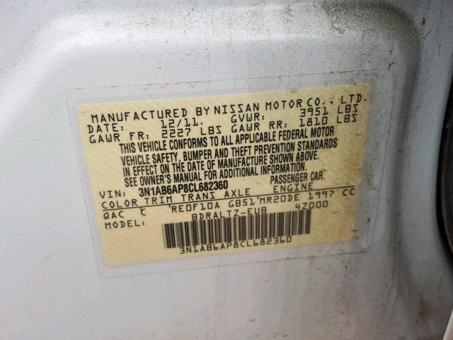 3N1AB6AP8CL682360 - 2012 NISSAN SENTRA 2.0 WHITE photo 10