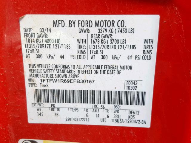 1FTFW1R69EFB30157 - 2014 FORD F150 SVT R RED photo 10