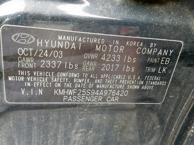 KMHWF25S94A976420 - 2004 HYUNDAI SONATA GL BLACK photo 10