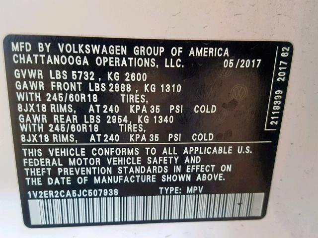 1V2ER2CA5JC507938 - 2018 VOLKSWAGEN ATLAS SEL Ağ foto 10