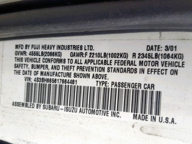 4S3BH665617664481 - 2001 SUBARU LEGACY OUT WHITE photo 10