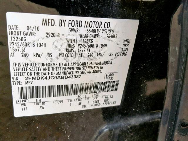 2FMDK4JC9ABB43987 - 2010 FORD EDGE SEL BLACK photo 10