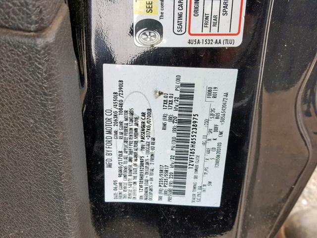 1ZVFT85H855238975 - 2005 FORD MUSTANG GT BLACK photo 10